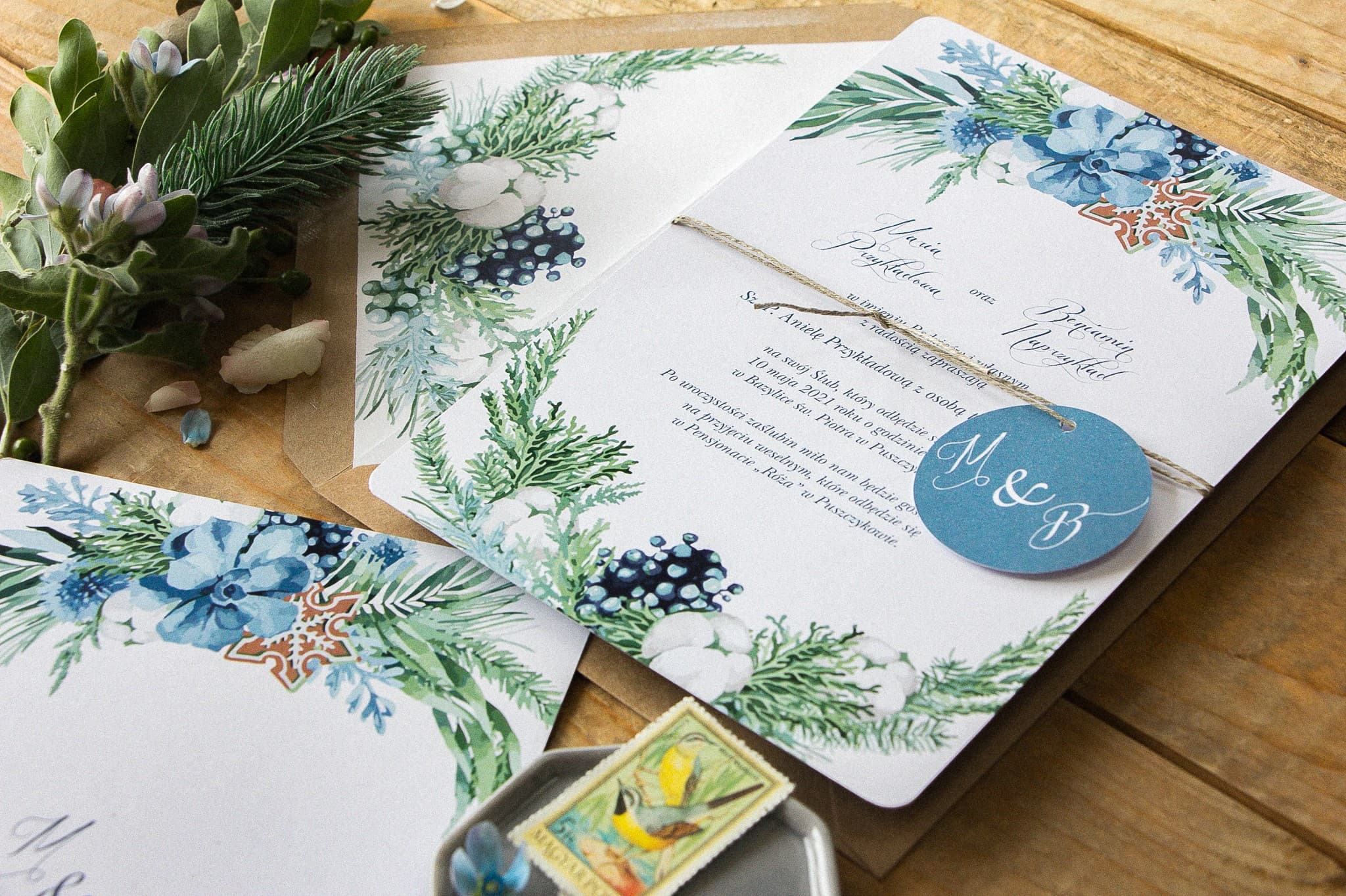 Próbka zaproszenia ślubnego granatowego z zimowym motywem bawełny | Indygo nr 8