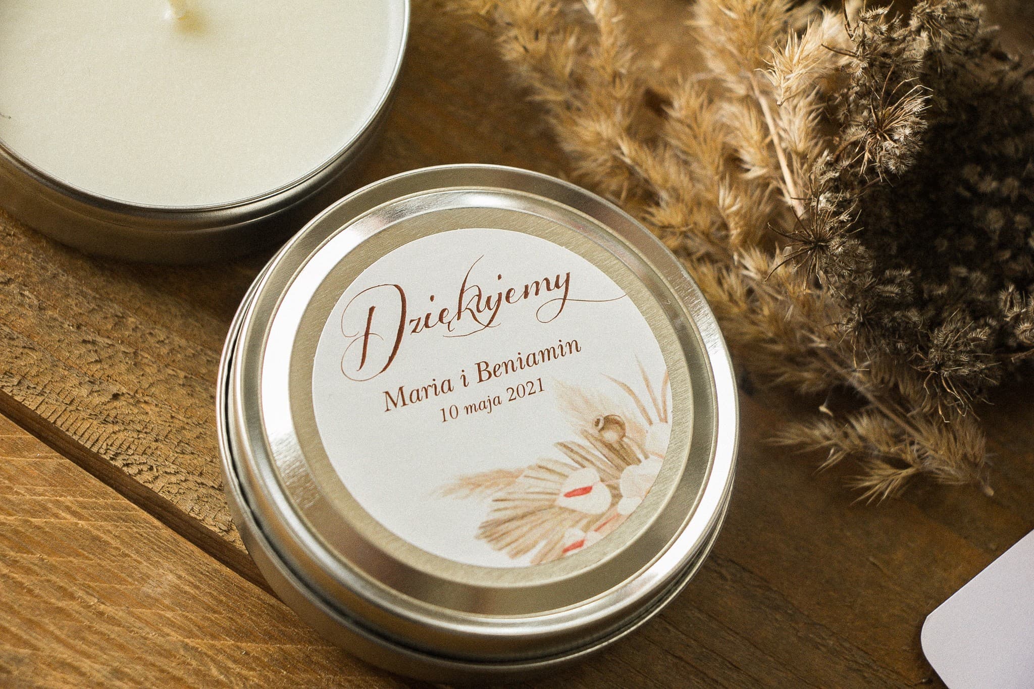 Podziękowania dla gości świeczka zapachowa boho z motywem trawy pampasowej Indygo nr 6