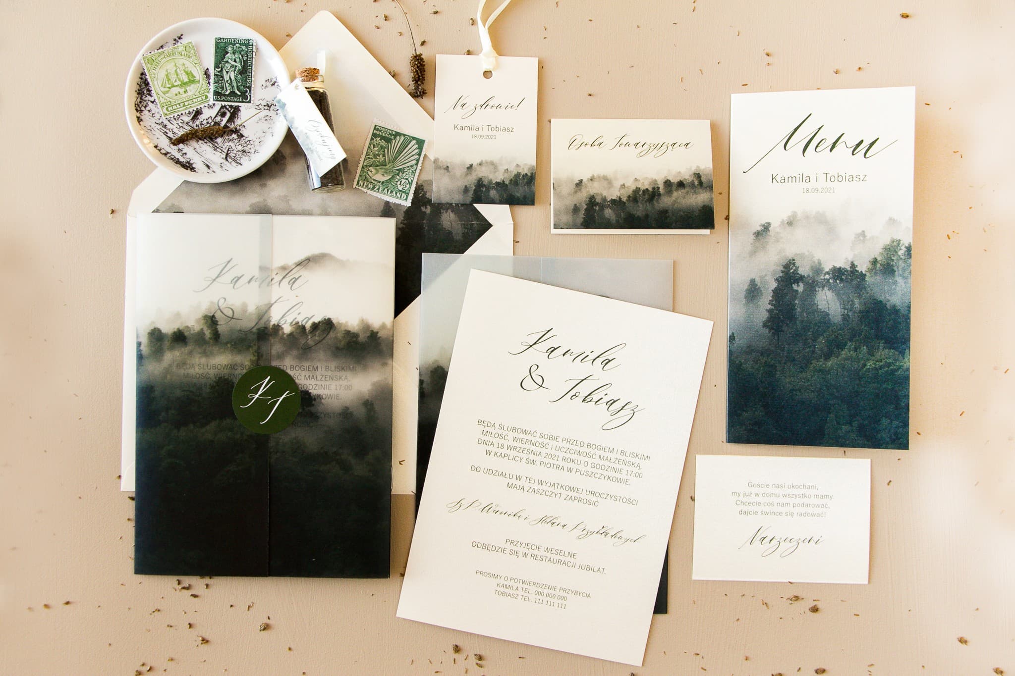 Próbki Zaproszeń Ślubnych Zestaw, Motyw Lasu | Papeteria Ślubna Leśna na Papierze Perłowym | Opal nr 2