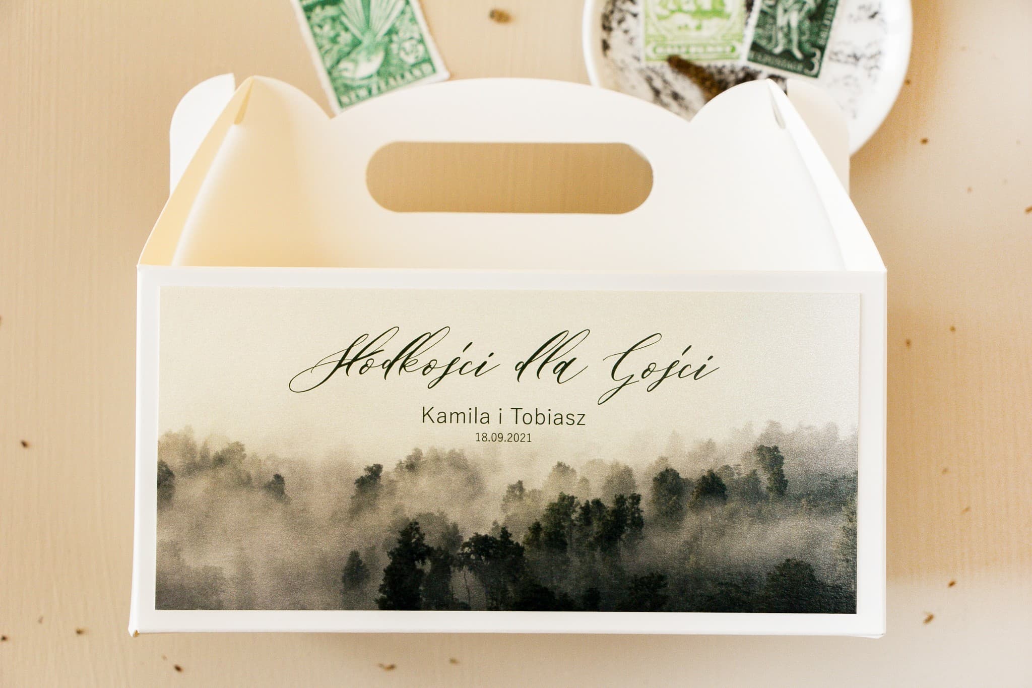Pudełko na Ciasto Weselne Leśny Motyw Prostokątne z Rączką | Opakowanie dla Gości | Opal nr 2