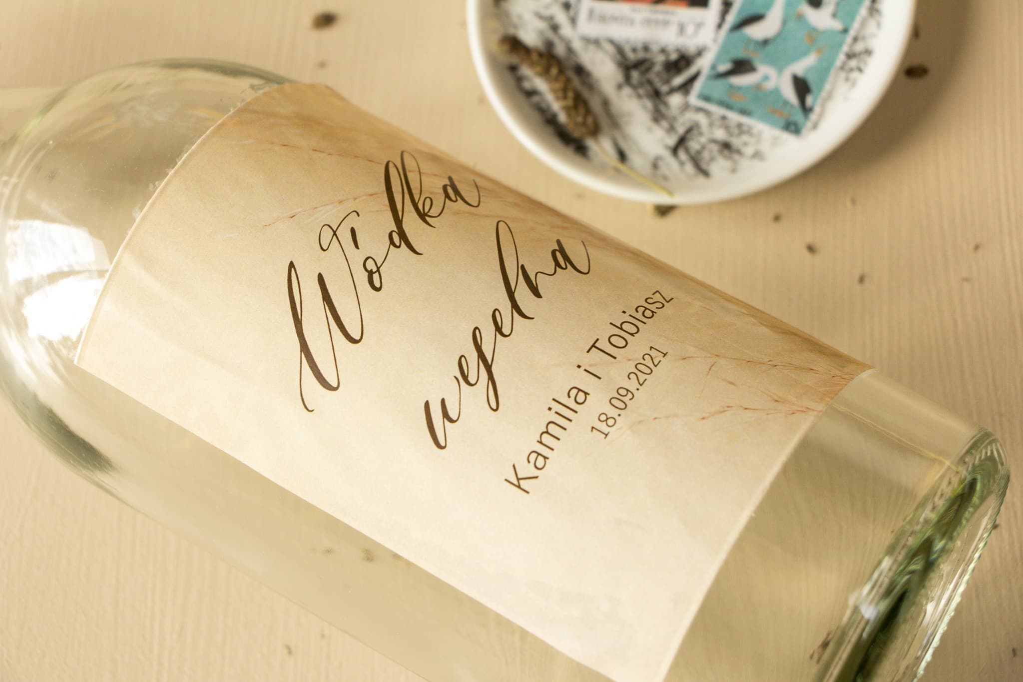 Etykiety na Wódkę Weselną z Trawą Pampasową Boho | Personalizowane Naklejki na Alkohol | Opal nr 1