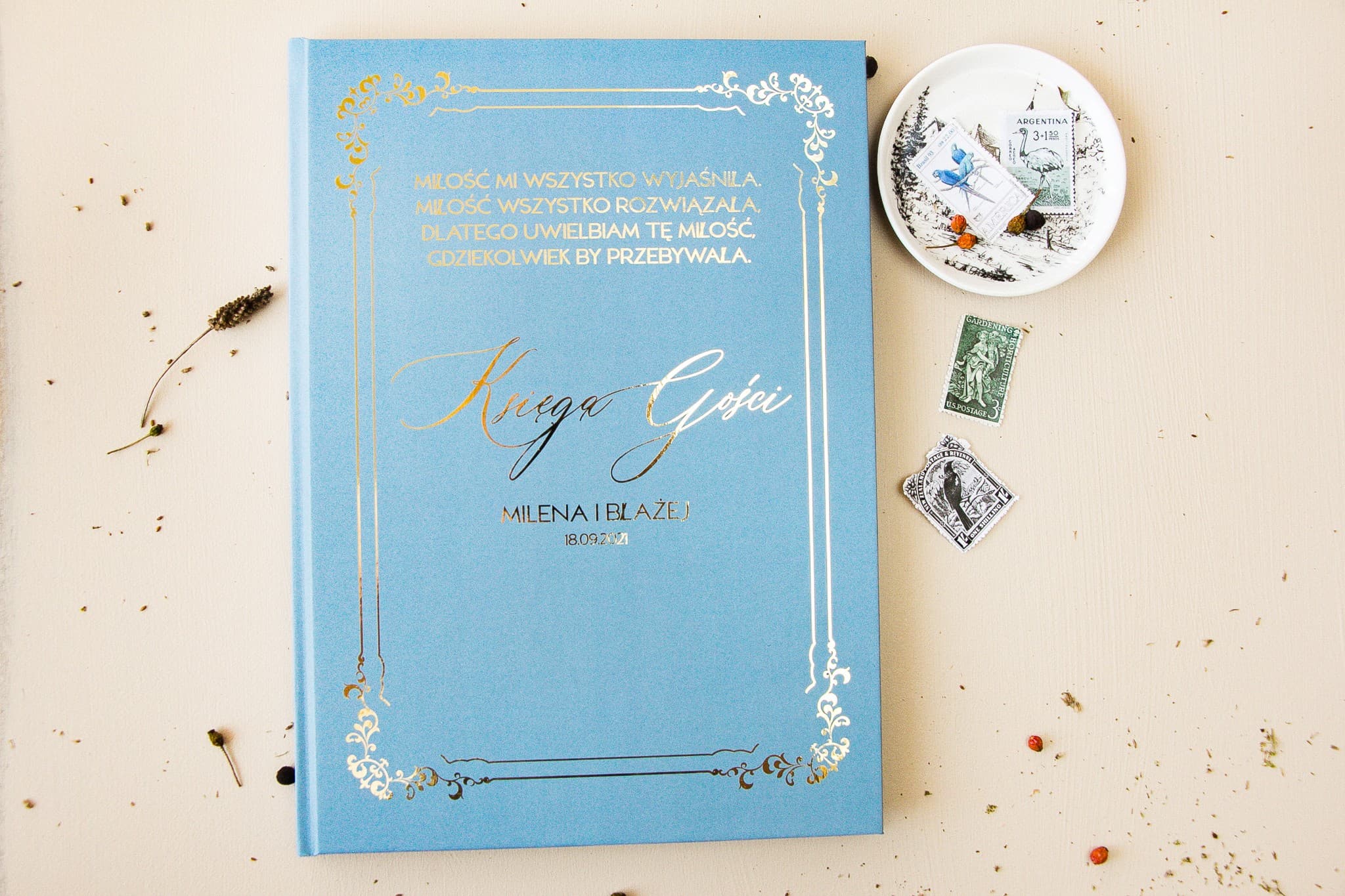 Elegancka Księga Gości Błękitna ze Złoceniami | Personalizowana Księga Gości Weselnych A4 | Sand Nr 1 - 2