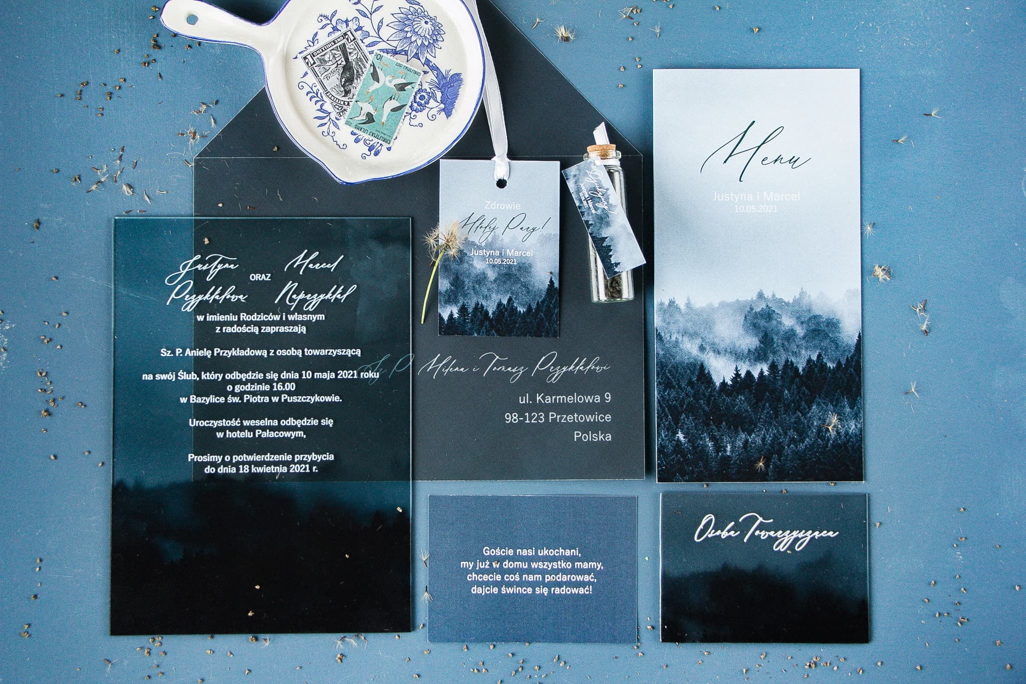 Zaproszenia ślubne na szkle z białym leśnym motywem w stylu rustykalnym Soft nr 3