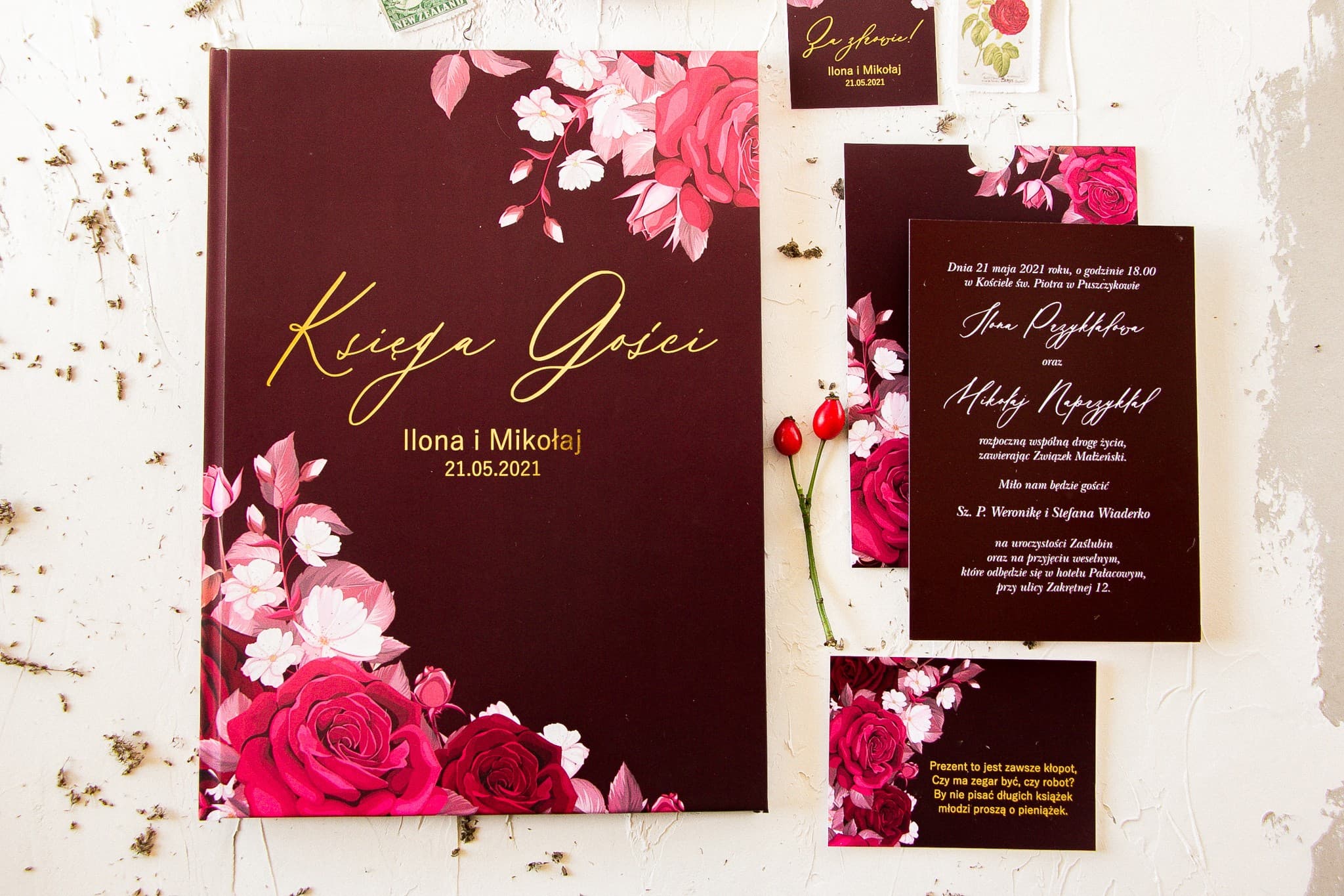 Księga Gości Weselnych Burgundowa Złocona z Kwiatami | Album na Wpisy Gości Weselnych | Serenity Nr 2 - 2