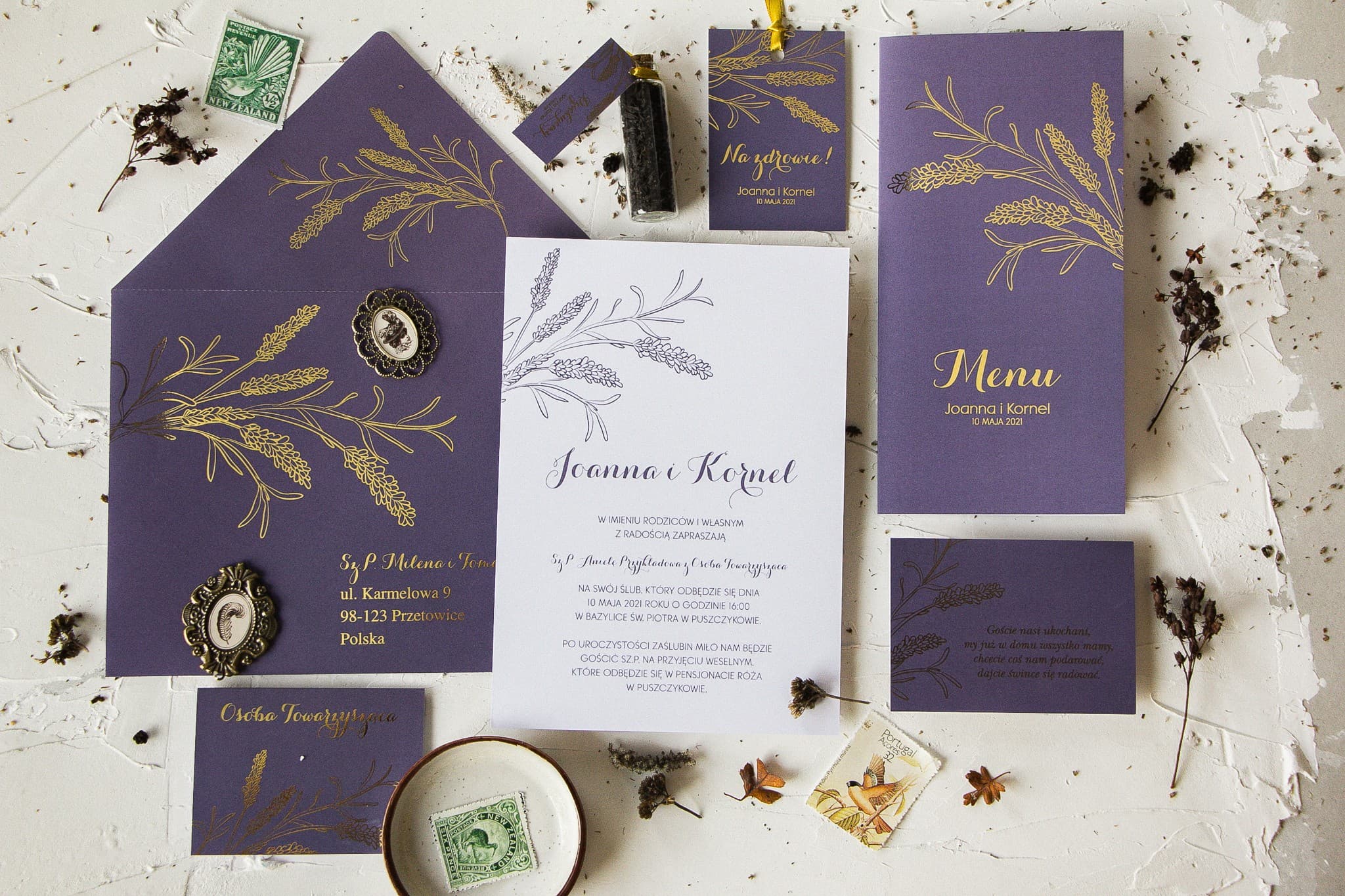 Minimalistyczne Zaproszenia Ślubne Pattern nr 3 – Lawenda i Złoto