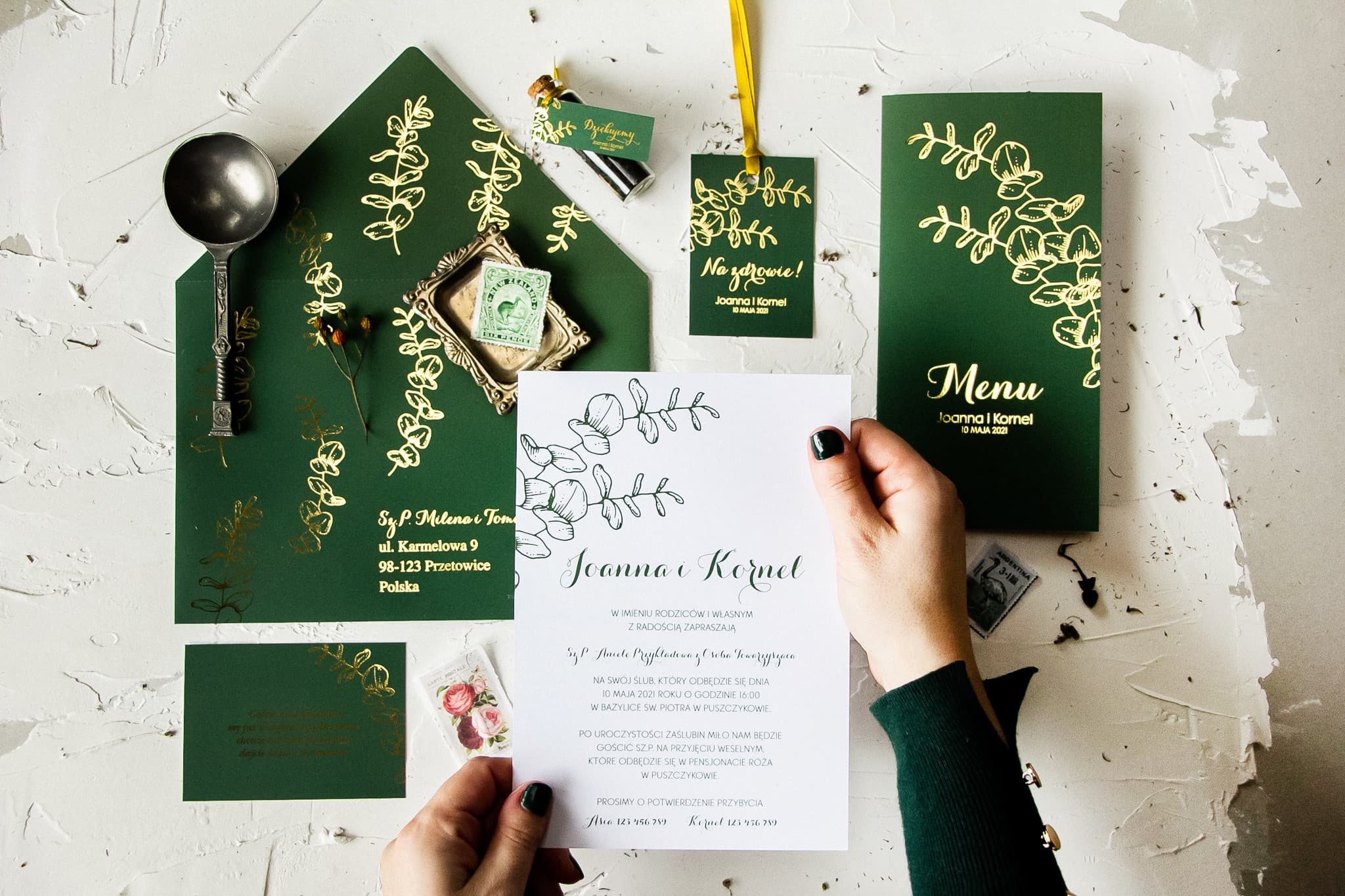 Próbka Zaproszenia Ślubnego Butelkowa Zieleń | Zobacz Jakość na Żywo | Pattern nr 2