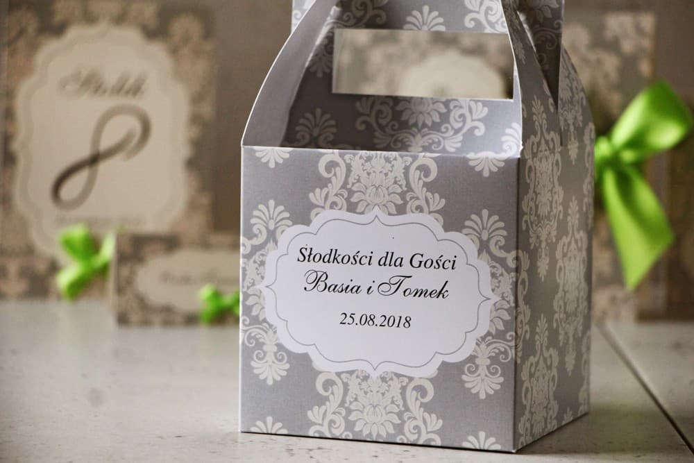 Eleganckie Pudełko na Ciasto Weselne z Uchwytem, Szary Ornament | Personalizowane Opakowania na Ciasto dla Gości | Ornament nr 4