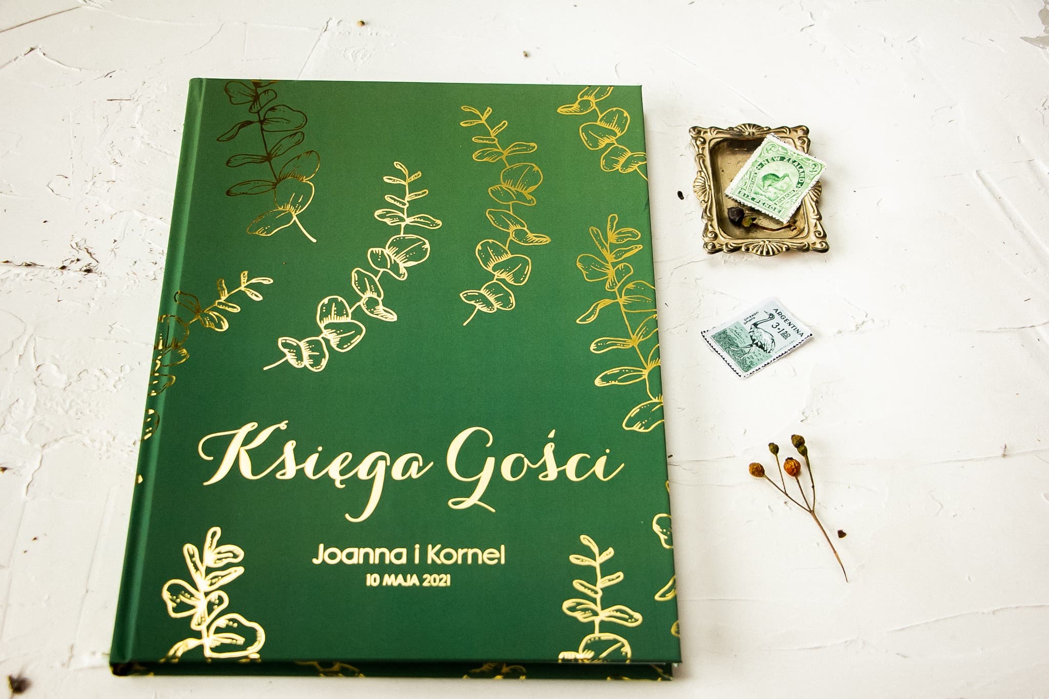 Zielona Księga Gości Złocone Liście, Personalizowana | Elegancka Ślubna Księga Gości | Pattern Nr 2