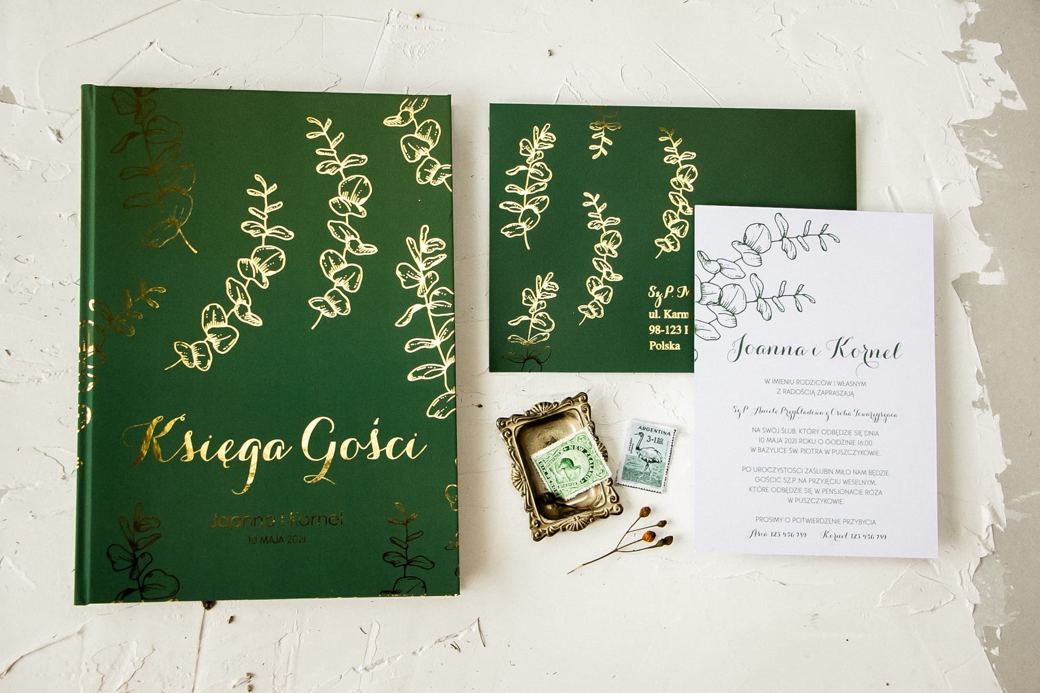 Zielona Księga Gości Złocone Liście, Personalizowana | Elegancka Ślubna Księga Gości | Pattern Nr 2 - 2