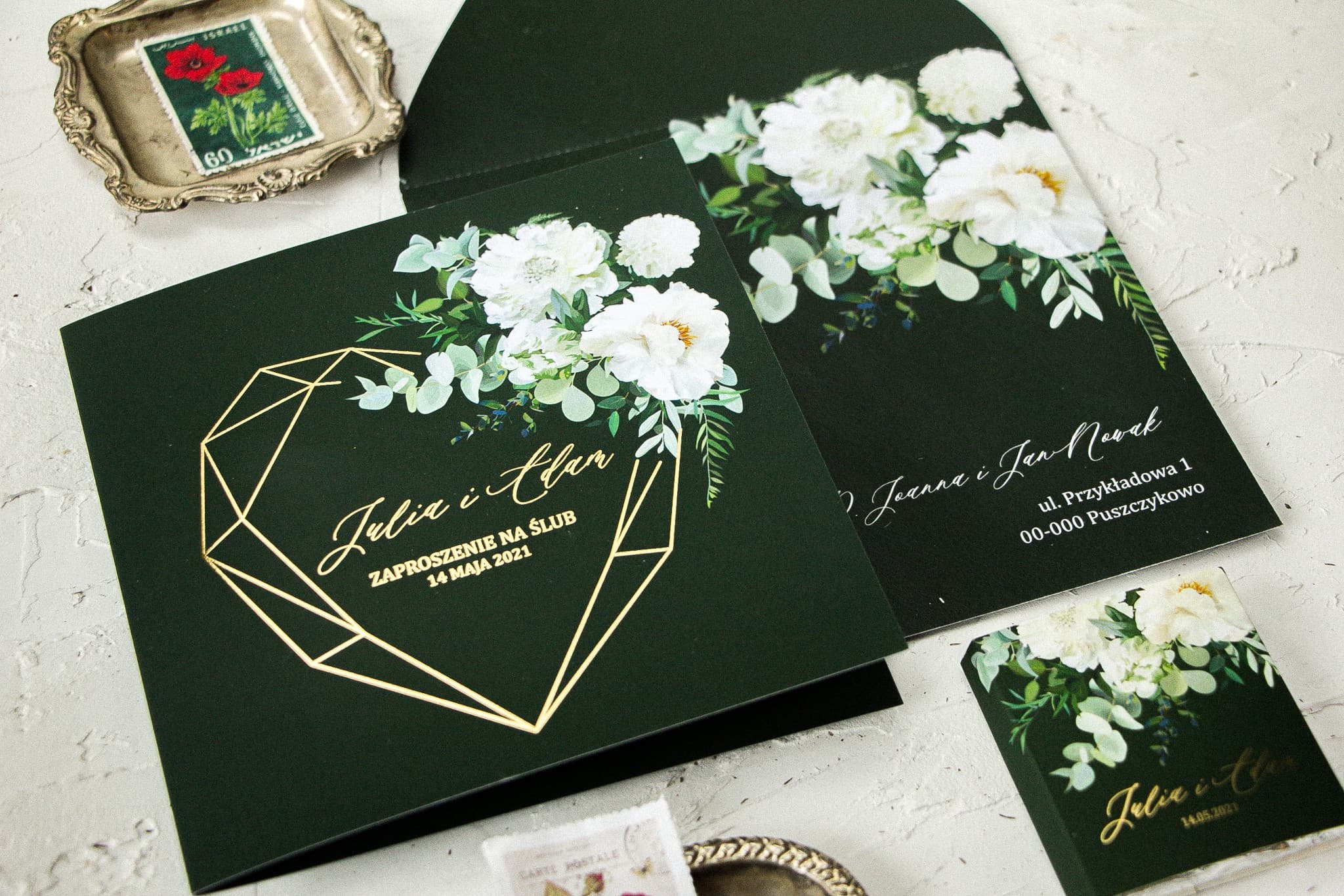 Próbka Zaproszenia Ślubnego Butelkowa Zieleń Złote Serce | Zaproszenia Ślubne Próbki Jakości | Szafirowe nr 6