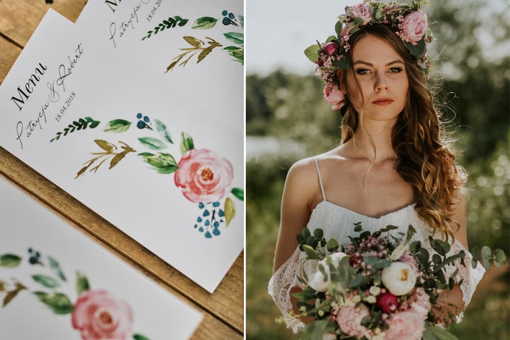 Akwarelowe Menu Weselne z Chabrami i Różami, Motyw Kwiatowy | Personalizowana Karta Dań na Stół | Akwarele nr 13