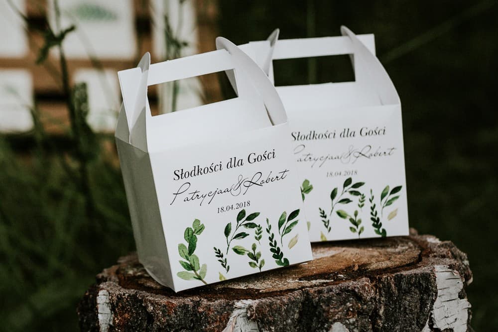 Pudełko na Ciasto z Zielonymi Liśćmi Akwarele | Personalizowane Opakowania na Ciasto Weselne dla Gości | Akwarele nr 23