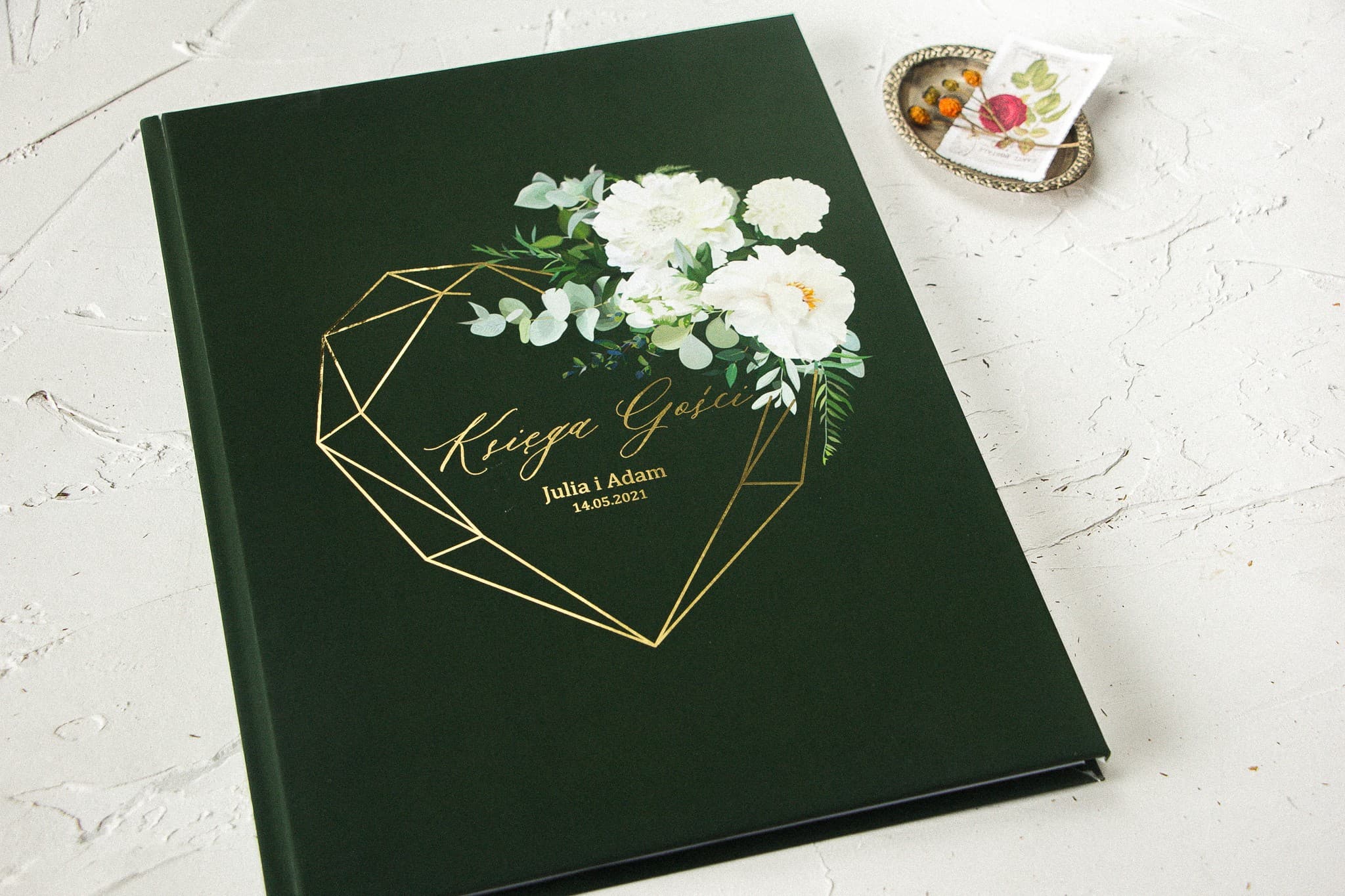 Złocona Księga Gości Butelkowa Zieleń z Kwiatami | Personalizowana Pamiątka Ślubna A4 | Szafirowe nr 6 - 2
