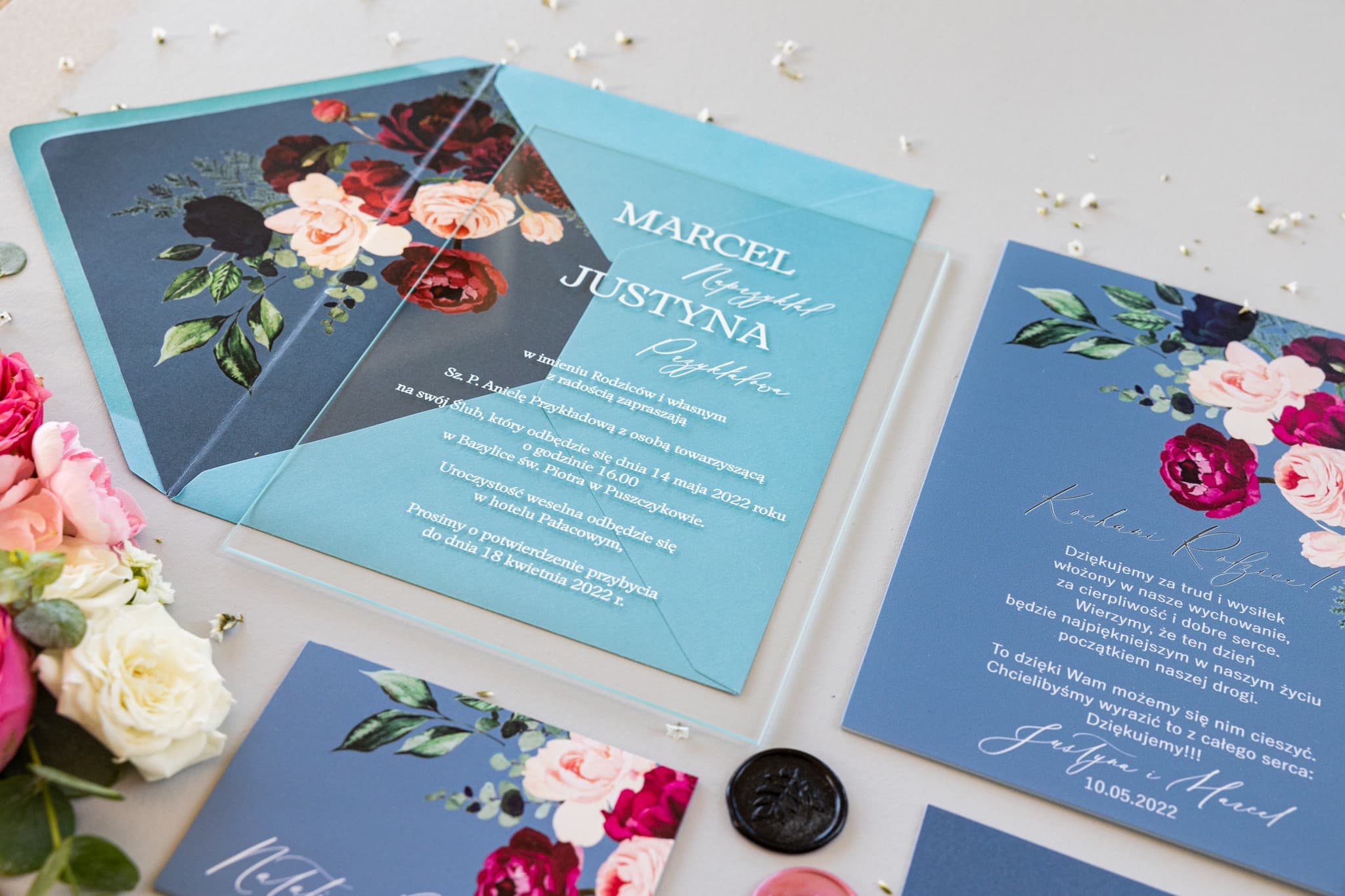 Minimalistyczne Zaproszenia Ślubne na Szkle Soft nr 6 – Kwiaty Burgund - 3