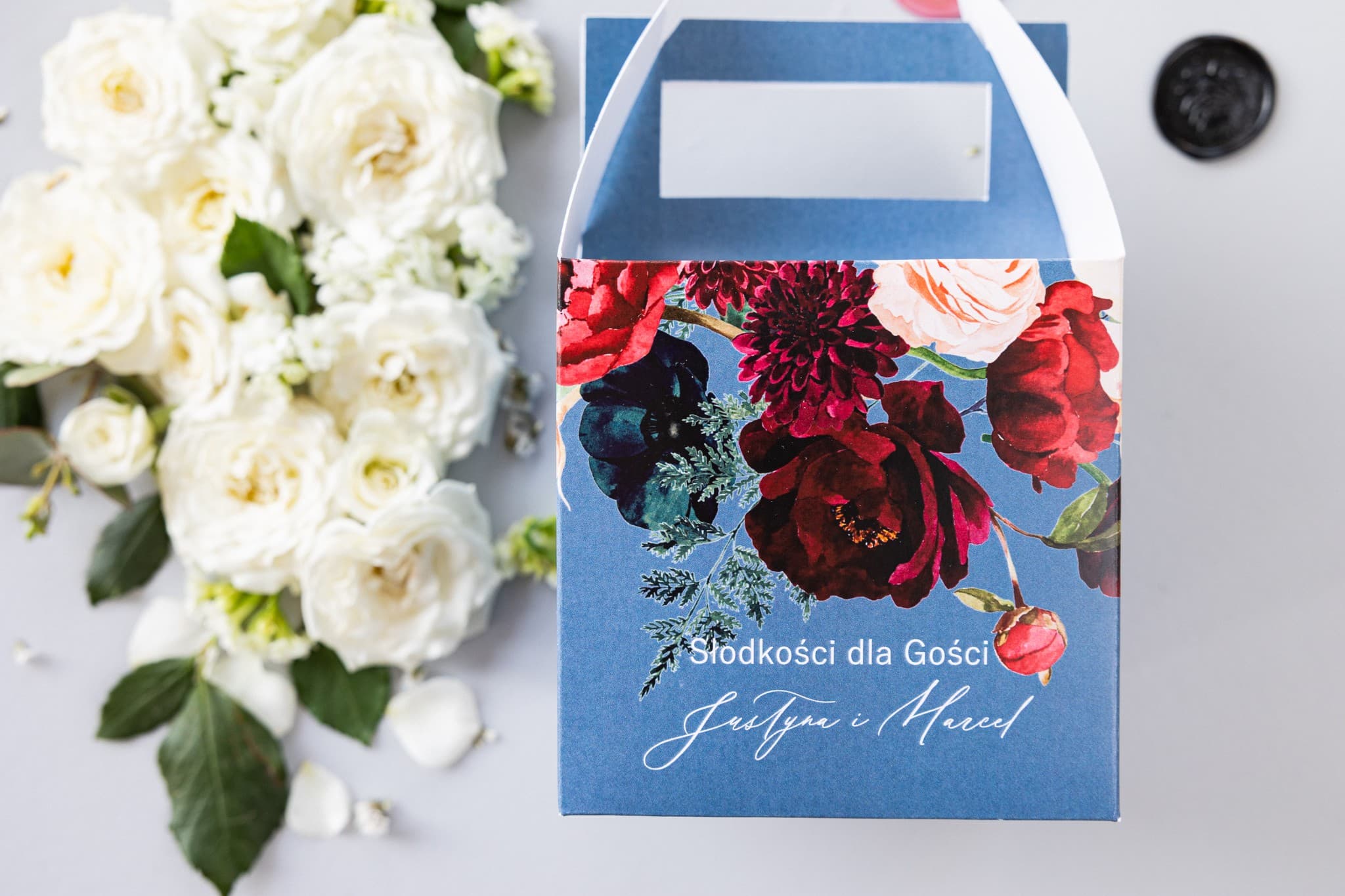 Pudełko na Ciasto Weselne z Piwoniami Burgund Róż | Podziękowania dla Gości Weselnych | Soft nr 6