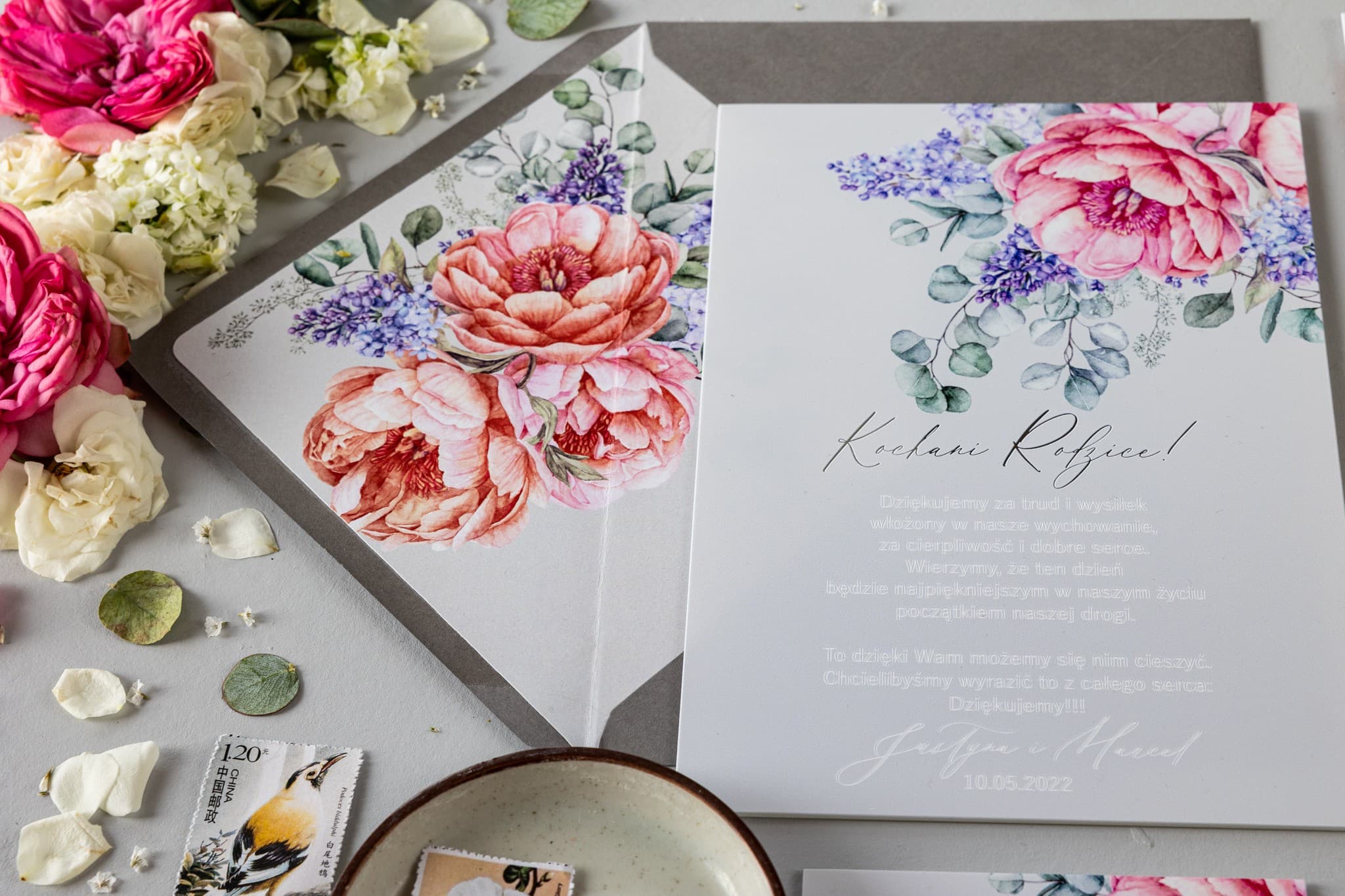 Eleganckie Podziękowania dla Rodziców na Szle z Piwoniami | Prezent Ślubny dla Mamy i Taty | Soft nr 7