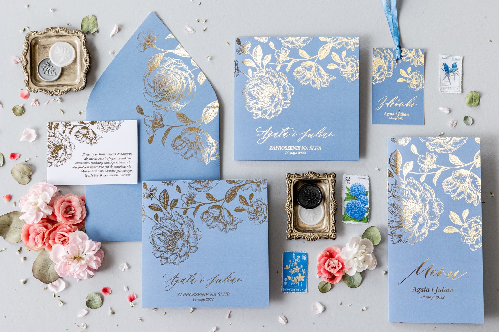 Zestaw próbek eleganckiej papeterii ślubnej z zaproszeniem i dodatkami Onyks nr 2