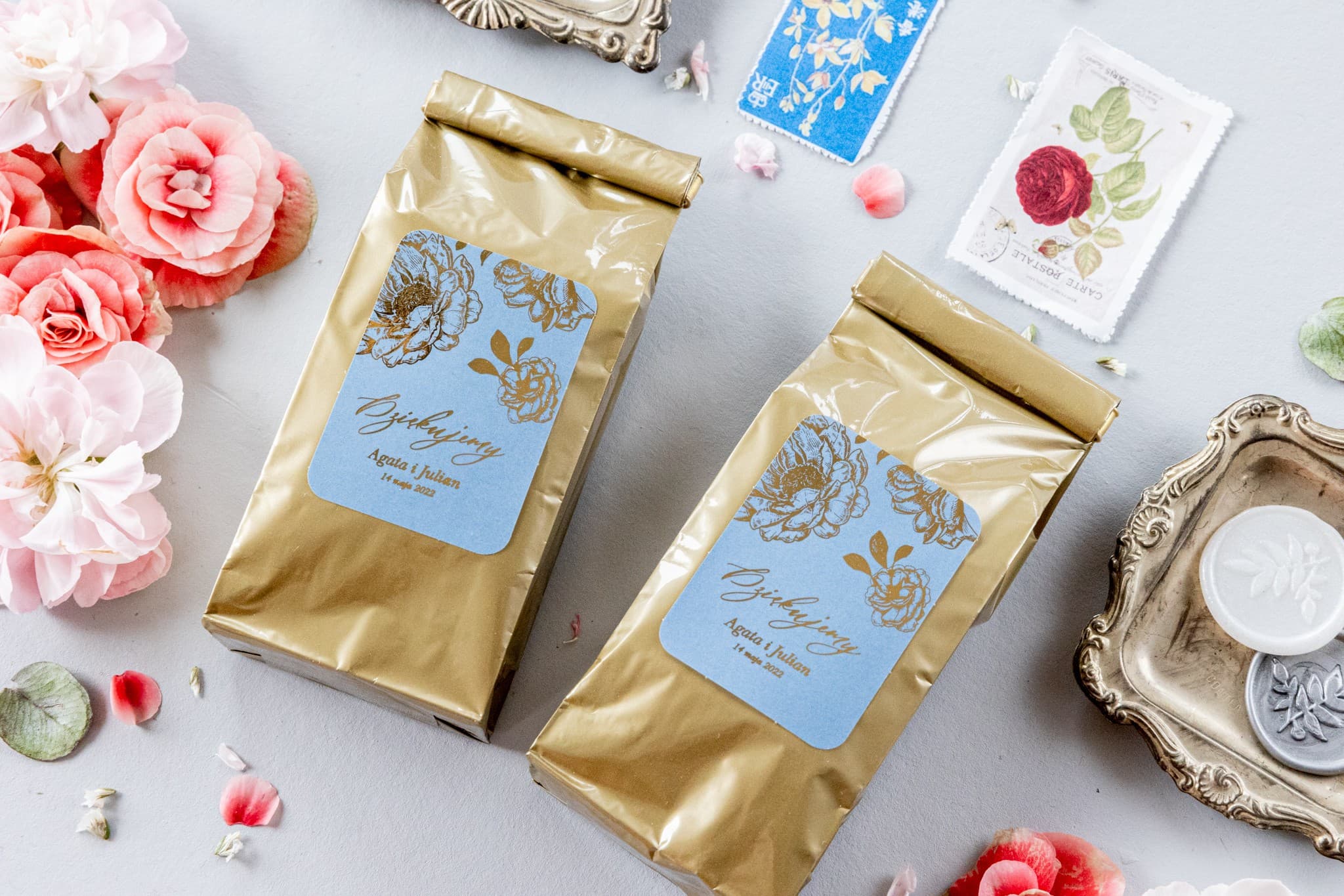 Herbata z Granatową Etykietą i Złotymi Kwiatami | Podziękowania dla Gości Weselnych | Onyks nr 2