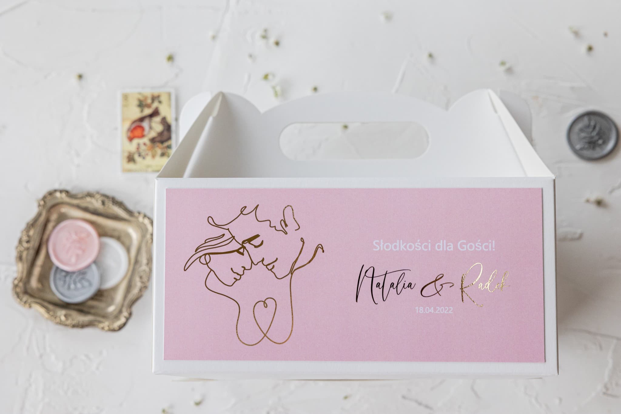 Pudełko na Ciasto Weselne Pudrowy Róż ze Złoceniem | Opakowanie dla Gości, Podziękowanie | Jaspis nr 3