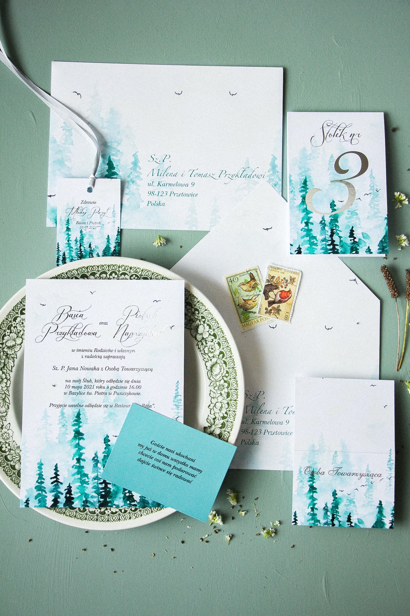 Zaproszenia Ślubne Pastelowe nr 7 – Leśna Akwarela i Srebro