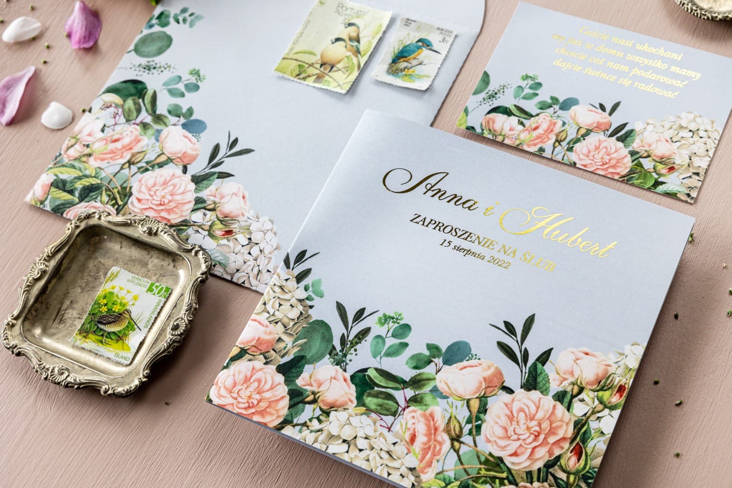 Zaproszenia Ślubne Szafirowe nr 2 – Róże i Hortensje - 3