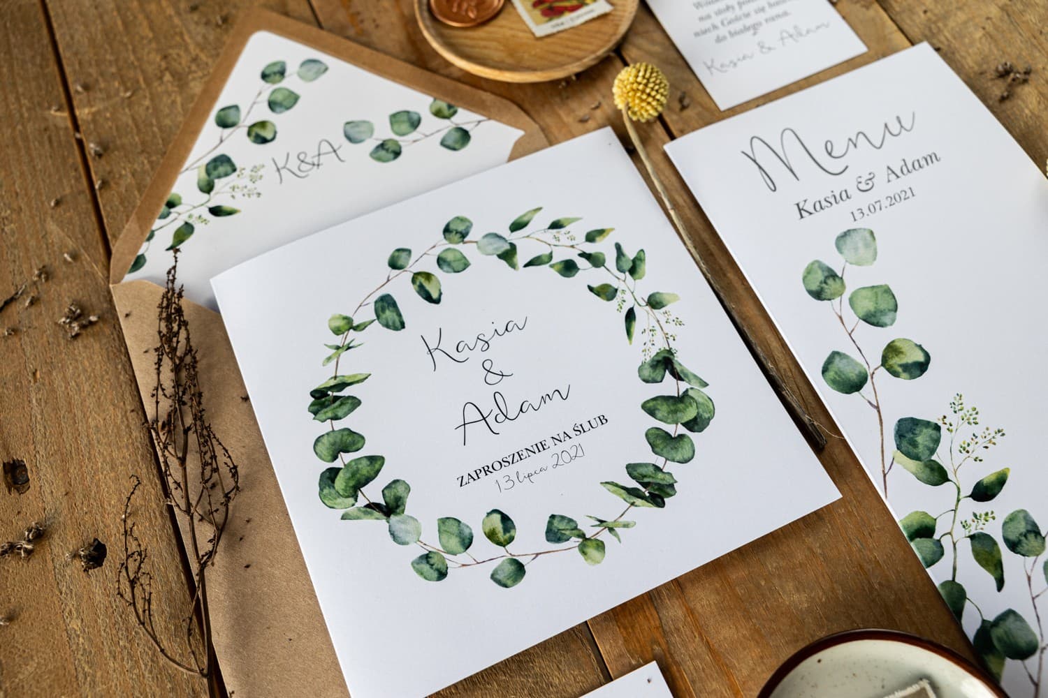 Zaproszenia ślubne greenery z zielonym eukaliptusem w stylu eko – Kalia nr 2 - 4