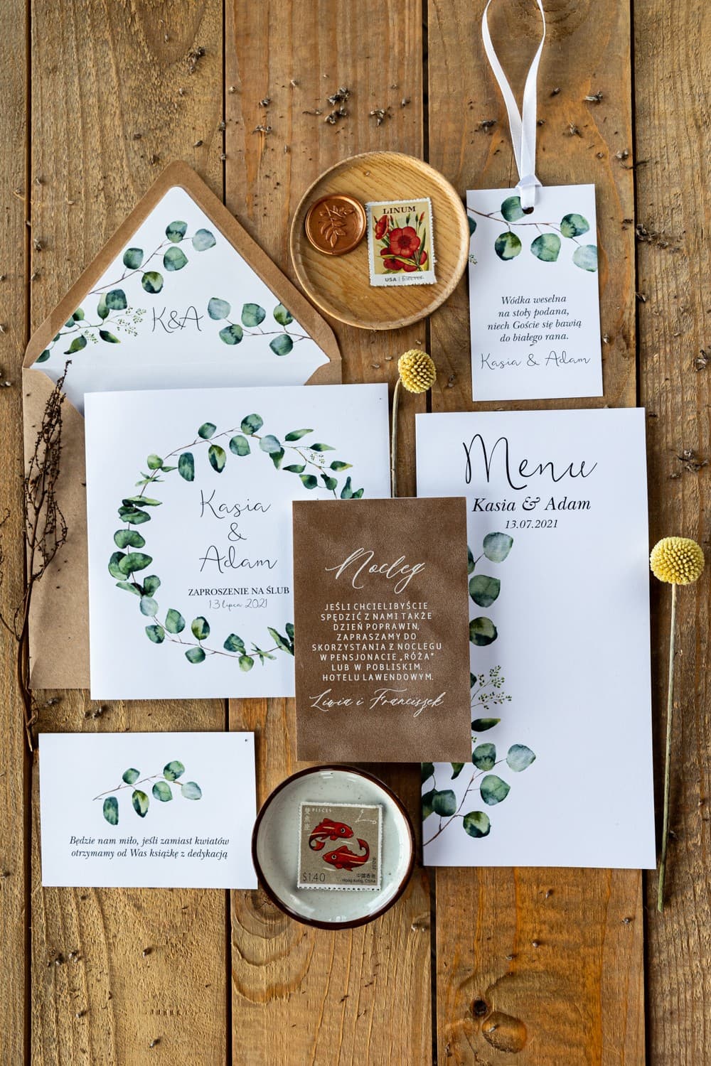 Zaproszenia ślubne greenery z zielonym eukaliptusem w stylu eko – Kalia nr 2