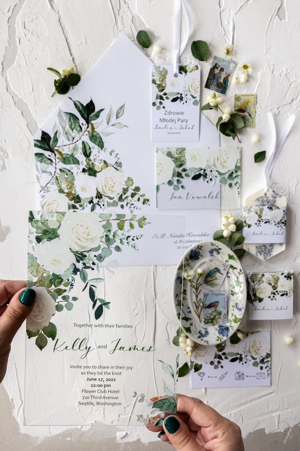 Zestaw próbek zaproszeń na szkle akrylowym z winietką i menu Korani nr 12