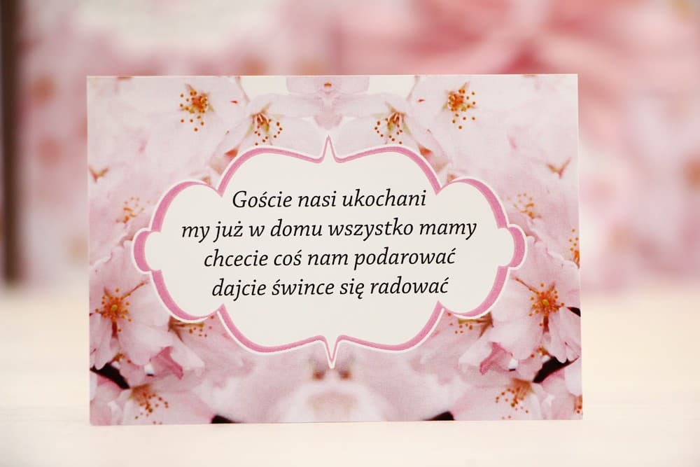 Romantyczna wkładka z kwiatami wiśni, bilecik z prośbą o pieniądze | Bileciki do zaproszeń ślubnych | Felicja nr 13