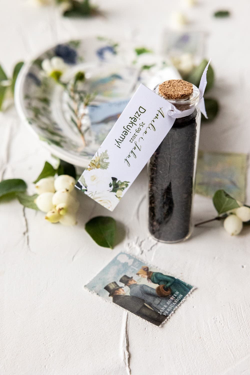 Podziękowania dla Gości Buteleczki z Herbatą | Prezent dla Gości Weselnych Białe Róże | Korani nr 12