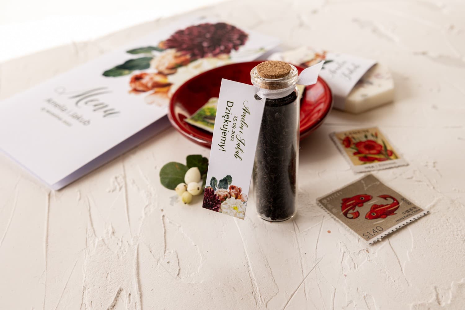 Podziękowania dla Gości Herbata w Buteleczce z Korkiem | Upominki Weselne z Dalią | Korani nr 13 - 3