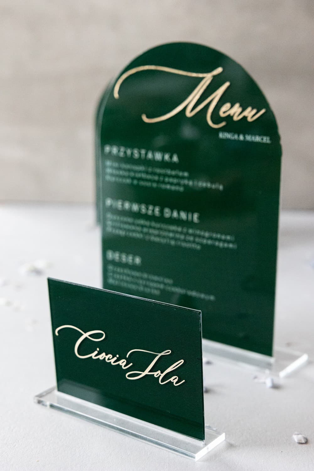 Zielone Menu Weselne na Pleksi Złocone, Elegancka Karta Dań | Menu na Stół Weselny Glamour | Dalia nr 2 - 3