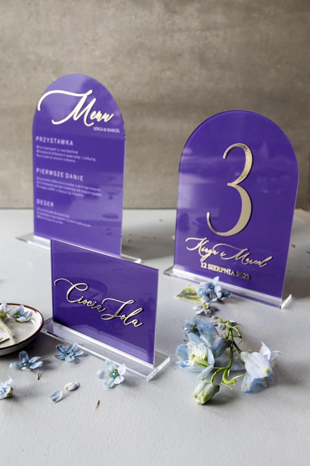 Złocone Menu Weselne na Pleksi z Fioletową Lawendą | Elegancka Karta Menu na Stół | Dalia nr 7 - 2