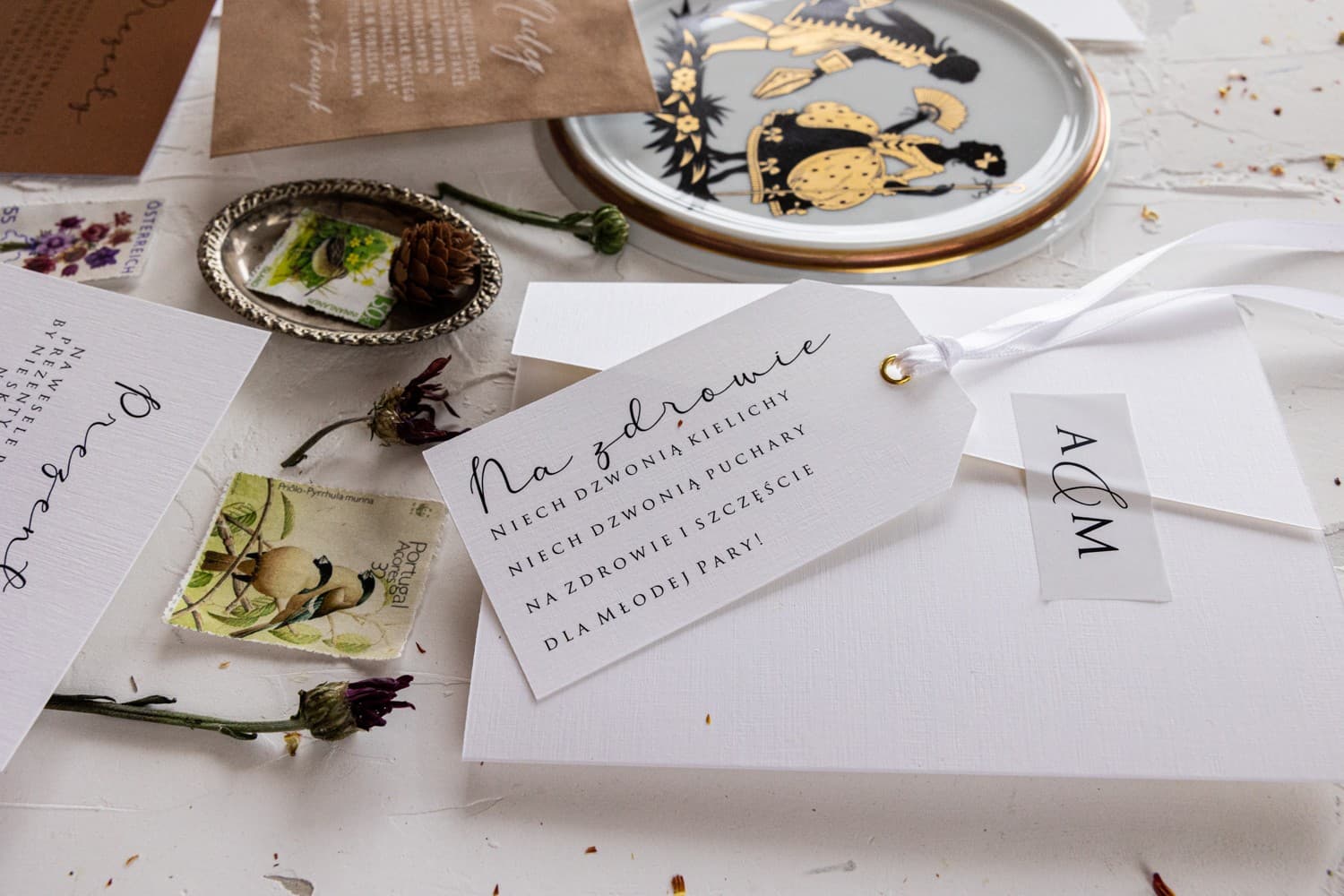 Zaproszenia ślubne minimalistyczne białe na papierze z fakturą lnu Modern nr 3 - 3