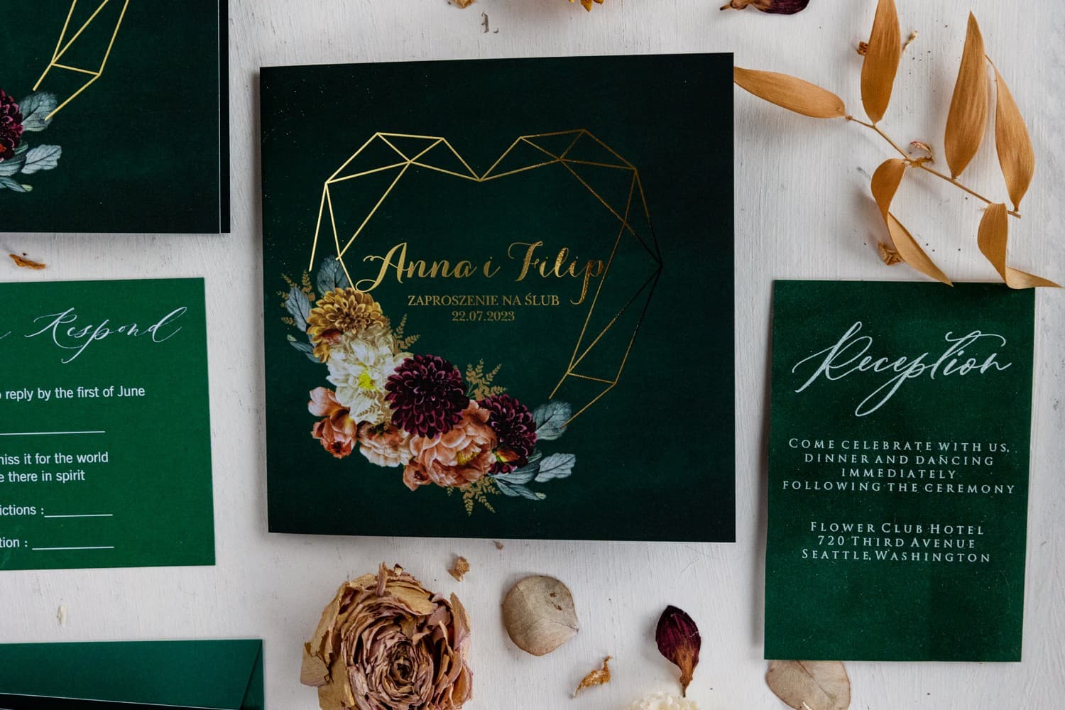 Zaproszenie Szafirowe nr 12 – Butelkowa Zieleń i Złoto - 2