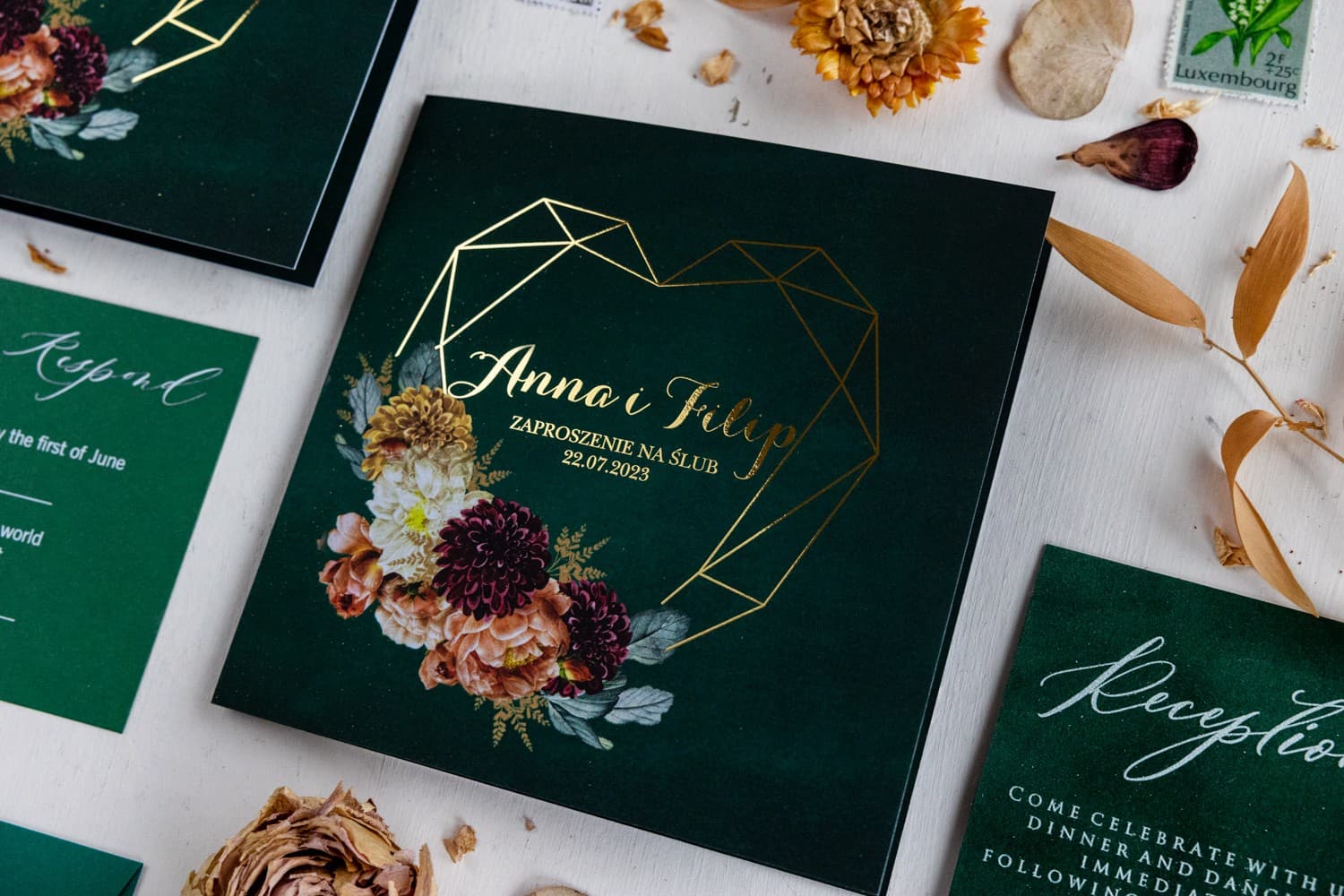 Zaproszenie Szafirowe nr 12 – Butelkowa Zieleń i Złoto - 3