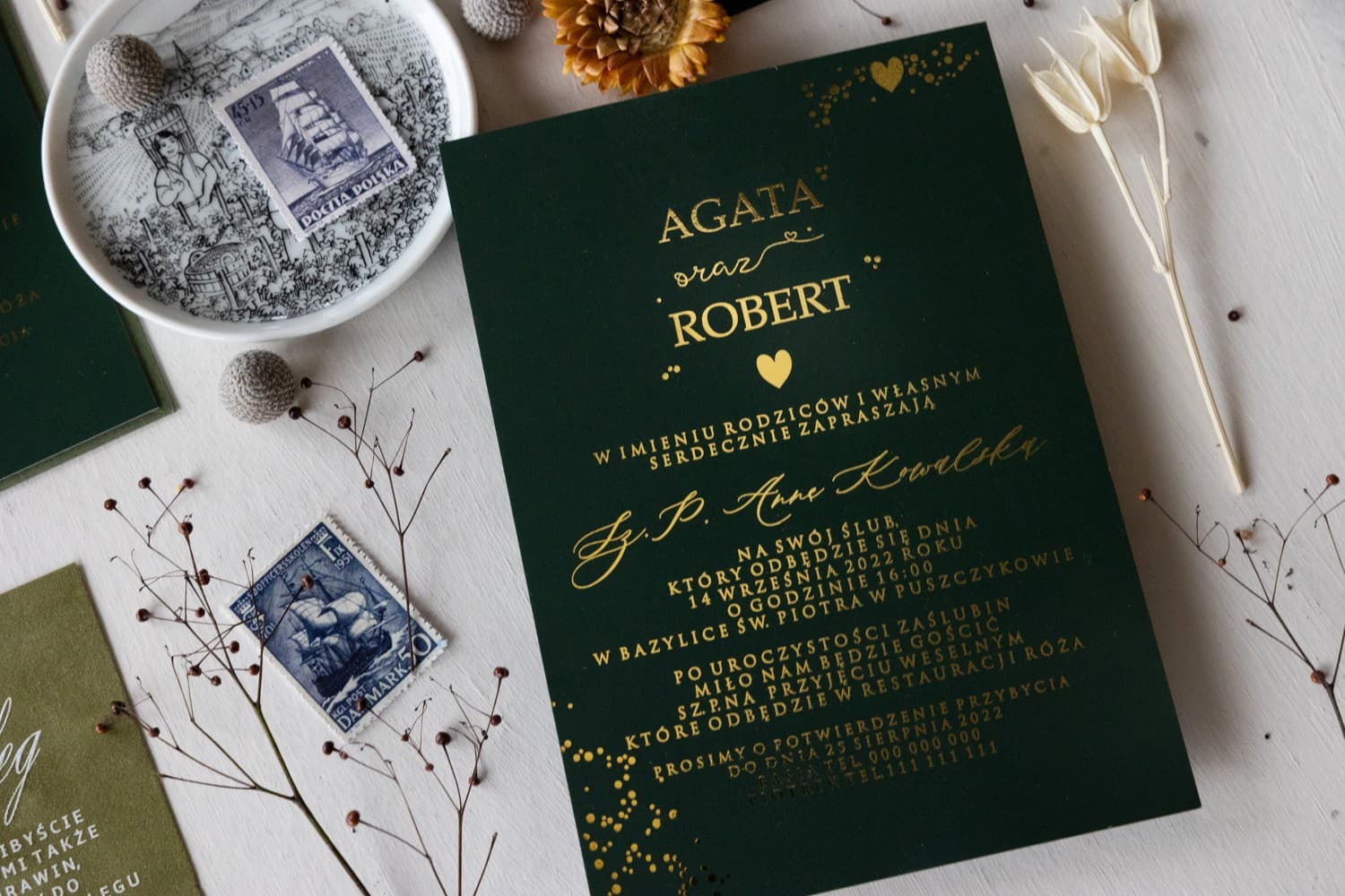 Zaproszenia ślubne glamour butelkowa zieleń ze złoconym sercem Simple nr 2 - 2