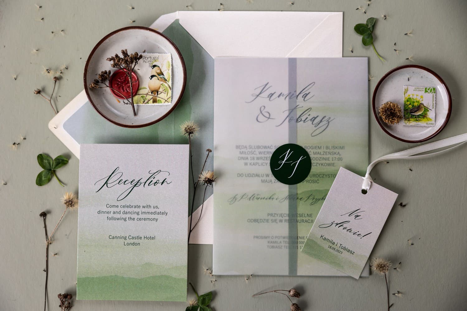 Zaproszenia ślubne botaniczne z kalką i zielonymi liśćmi na papierze perłowym Opal nr 11 - 2