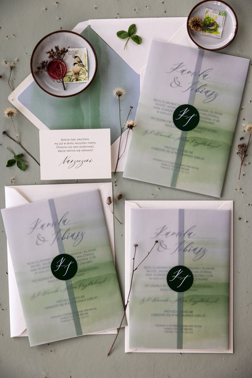 Zaproszenia ślubne botaniczne z kalką i zielonymi liśćmi na papierze perłowym Opal nr 11 - 5