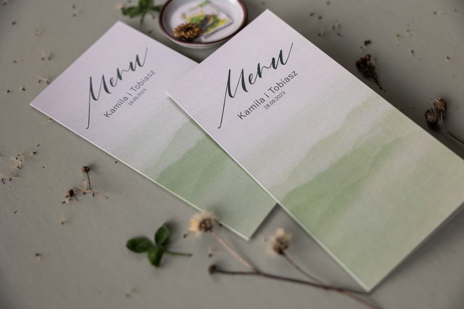 Menu Weselne na Perłowym Papierze Ecru z Zielonym Motywem | Elegancka Karta Menu na Stół | Opal nr 11 - 3