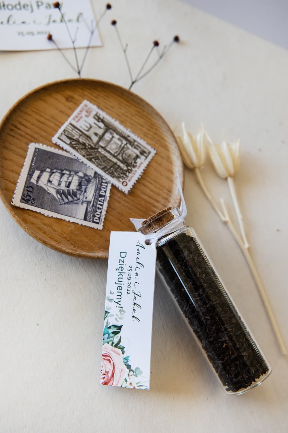 Podziękowania dla Gości Herbata w Fiolce z Różową Piwonią | Upominki dla Gości Weselnych | Korani nr 11