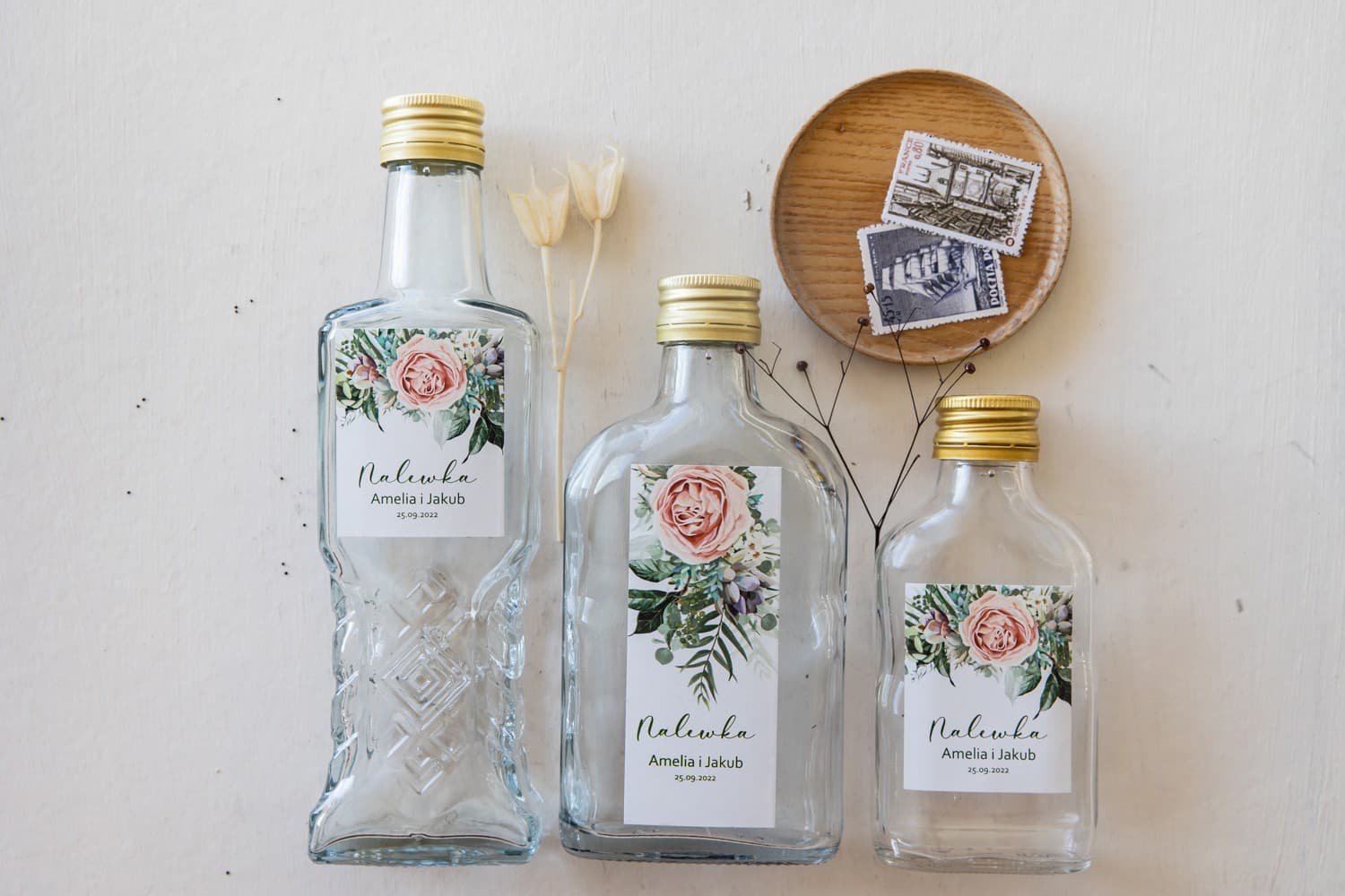 Buteleczki na Nalewki z Piwoniami, Personalizowane Etykiety | Podziękowania dla Gości Weselnych | Korani nr 11 - 4