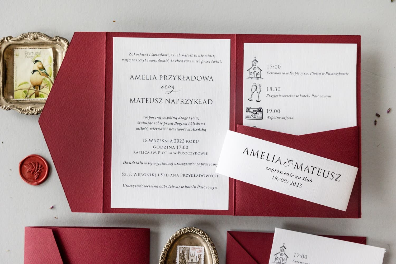 Zaproszenia Ślubne Kraft nr 6 – Bordowe z Kieszonką - 5