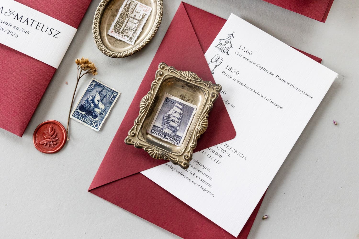 Zaproszenia Ślubne Kraft nr 6 – Bordowe z Kieszonką - 6