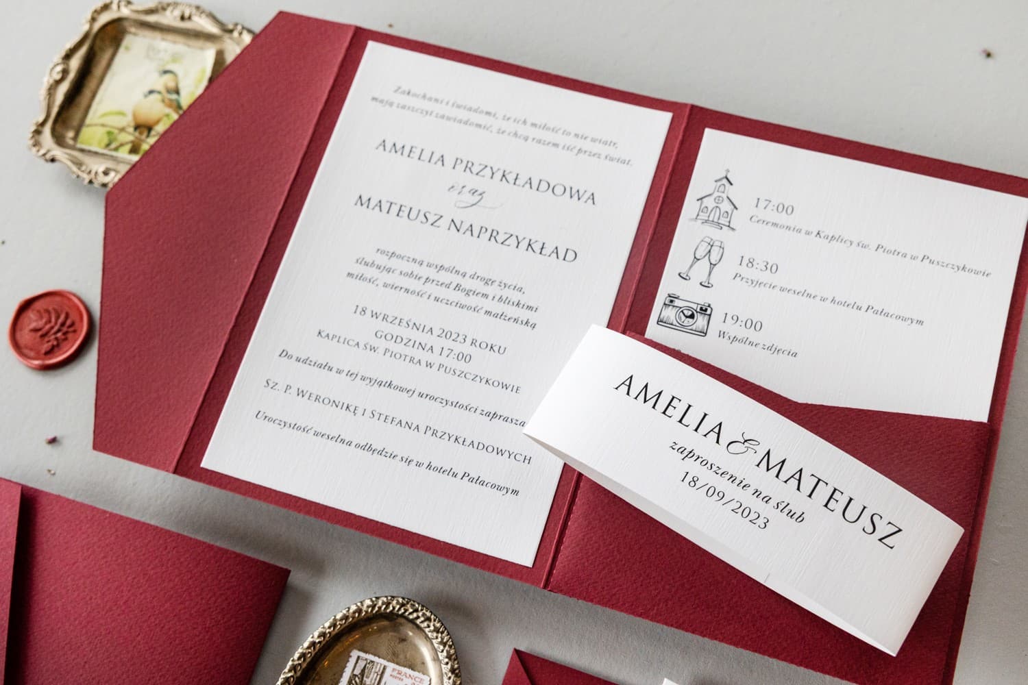 Zaproszenia Ślubne Kraft nr 6 – Bordowe z Kieszonką - 7