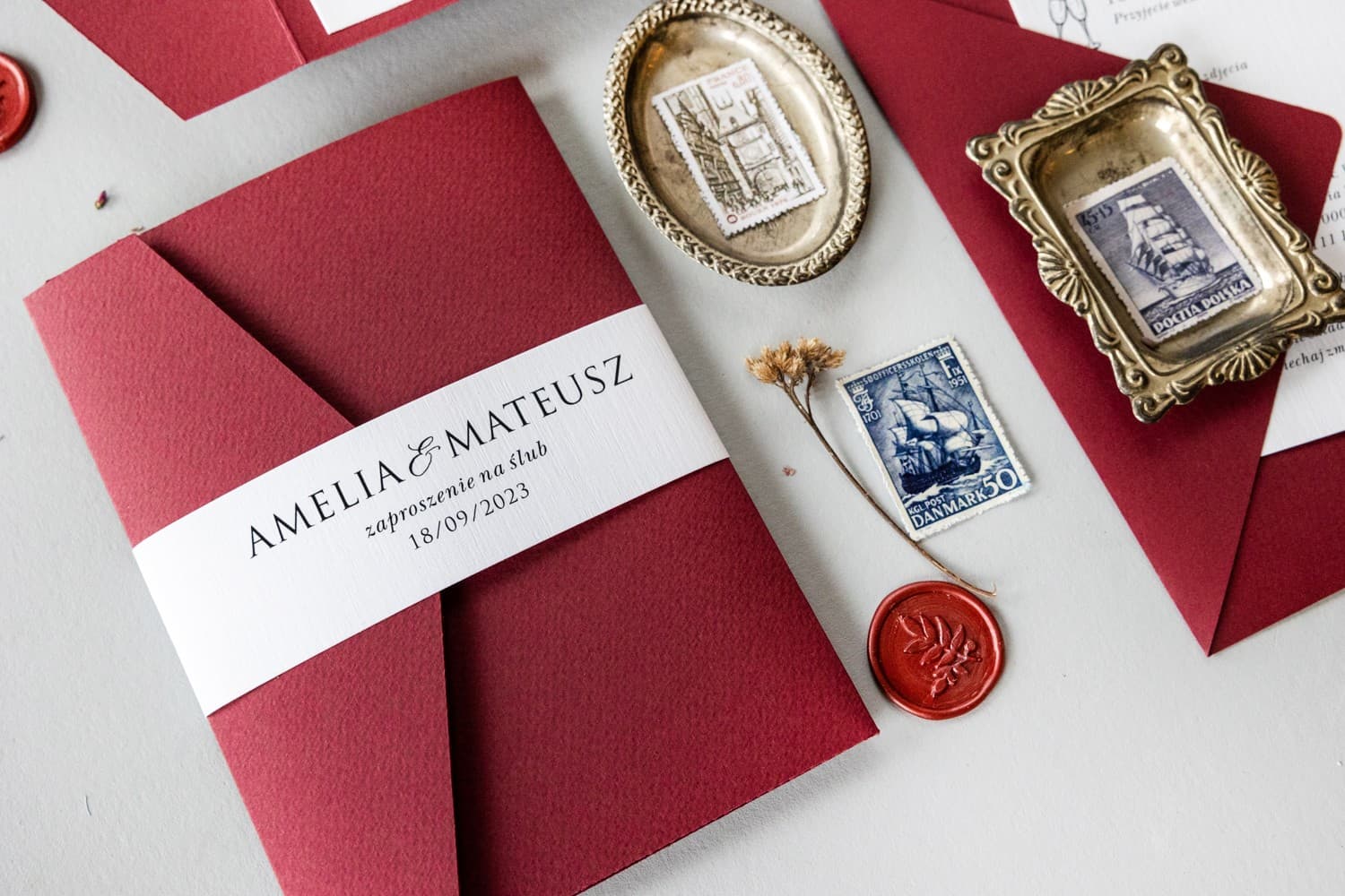 Zaproszenia Ślubne Kraft nr 6 – Bordowe z Kieszonką - 8