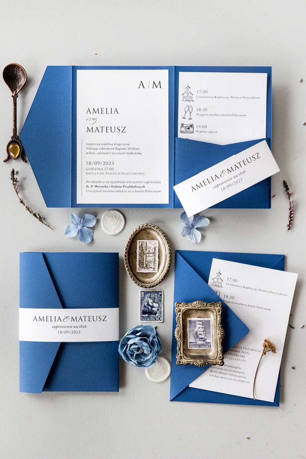 Zaproszenia Ślubne Kraft nr 7 – Niebieskie Kwiaty i Kieszonka - 4