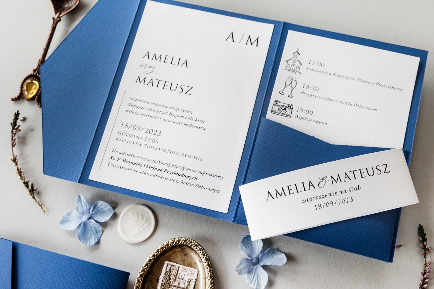 Zaproszenia Ślubne Kraft nr 7 – Niebieskie Kwiaty i Kieszonka - 5