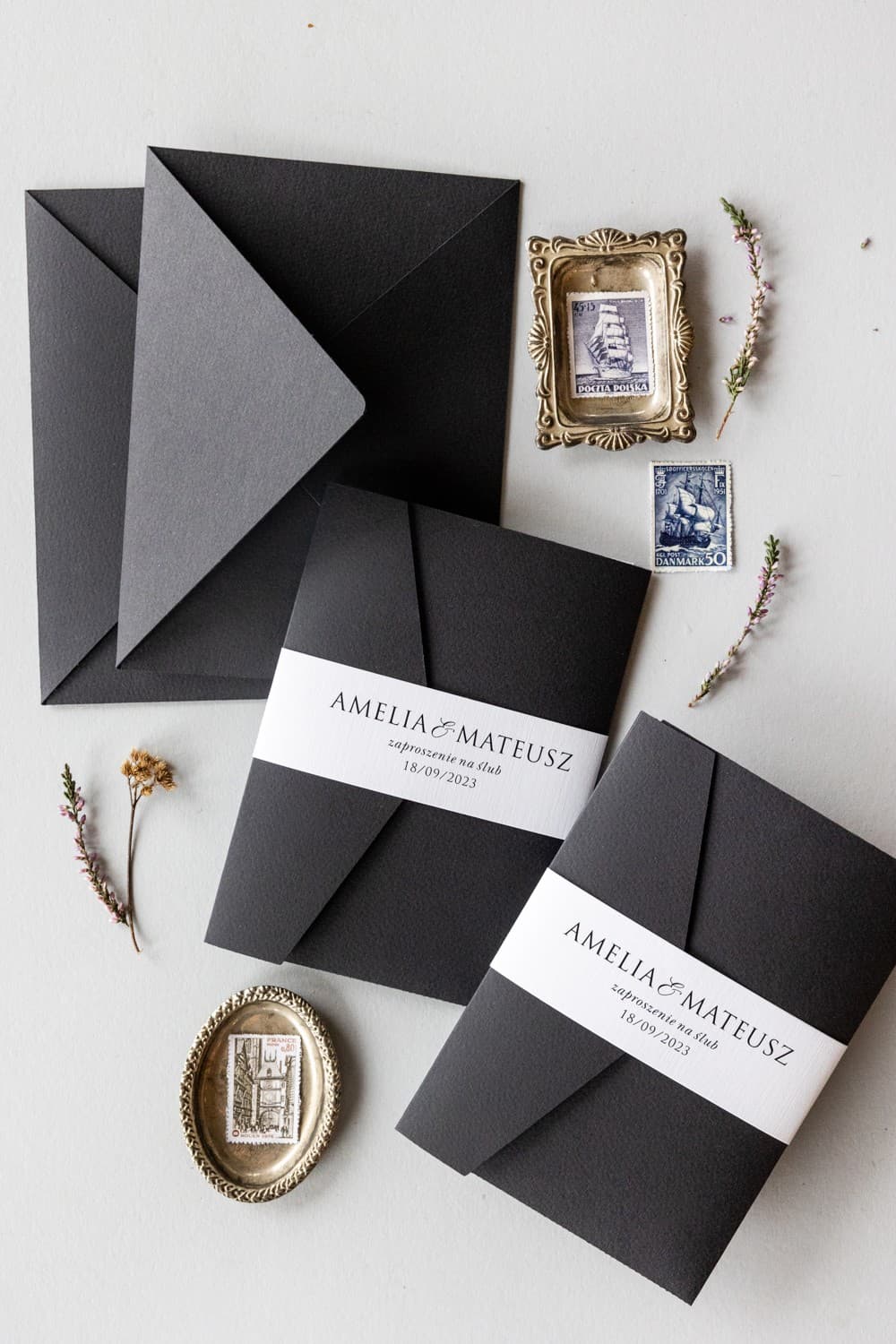 Zaproszenia Ślubne Kraft nr 8 – Czarne z Kieszonką i Owijką - 3