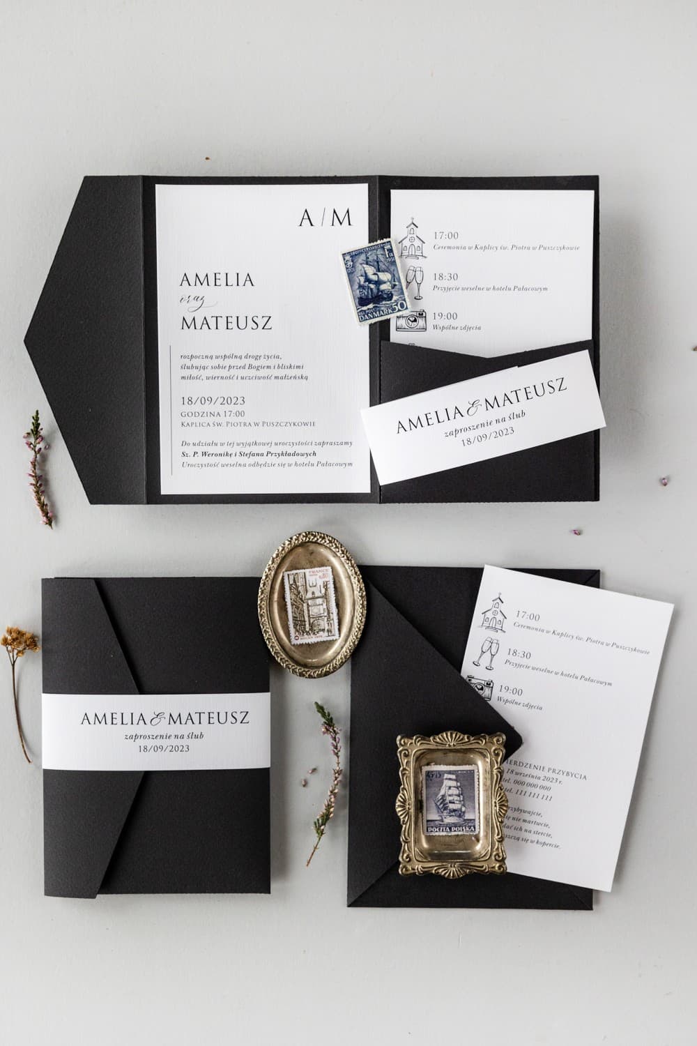 Zaproszenia Ślubne Kraft nr 8 – Czarne z Kieszonką i Owijką - 4